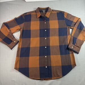 Eddie Bauer Pearl Snap Plaid Shirt Women’s Medium Long Sleeve Brown Blue